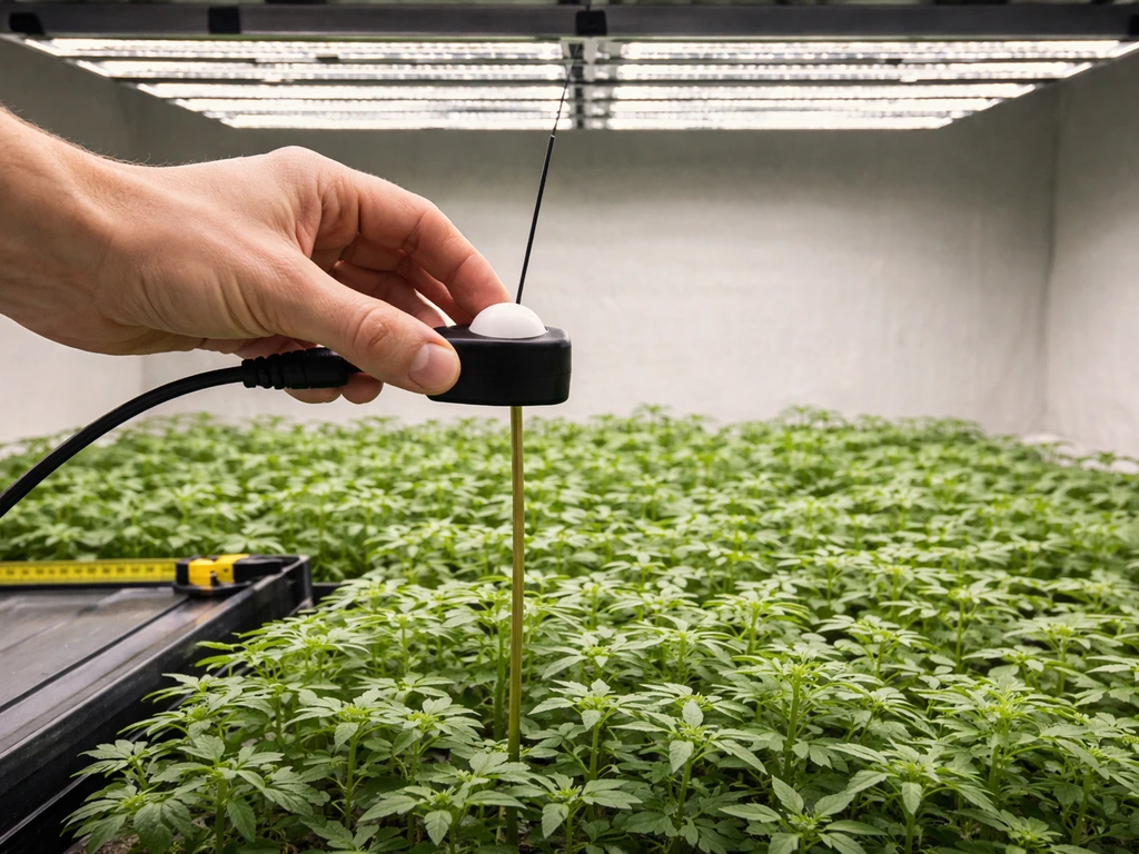 Quantum light sensor held 12 inches above an LED grow canopy for PPFD testing.