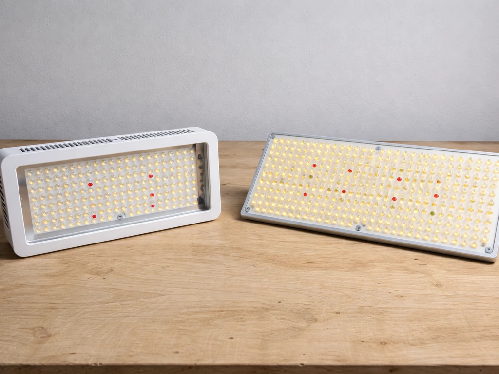 Side-by-side view of two lens-less LED light fixtures on a simple bench, showing different panel layouts.