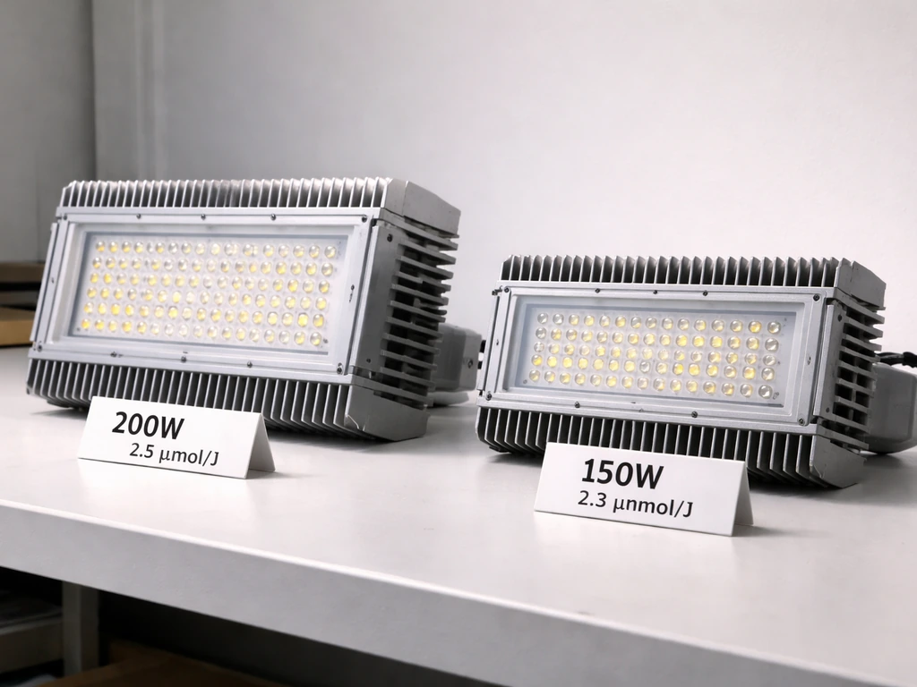 Two budget LED grow lights side-by-side on a bench, with small callouts showing watt draw and photon efficacy.