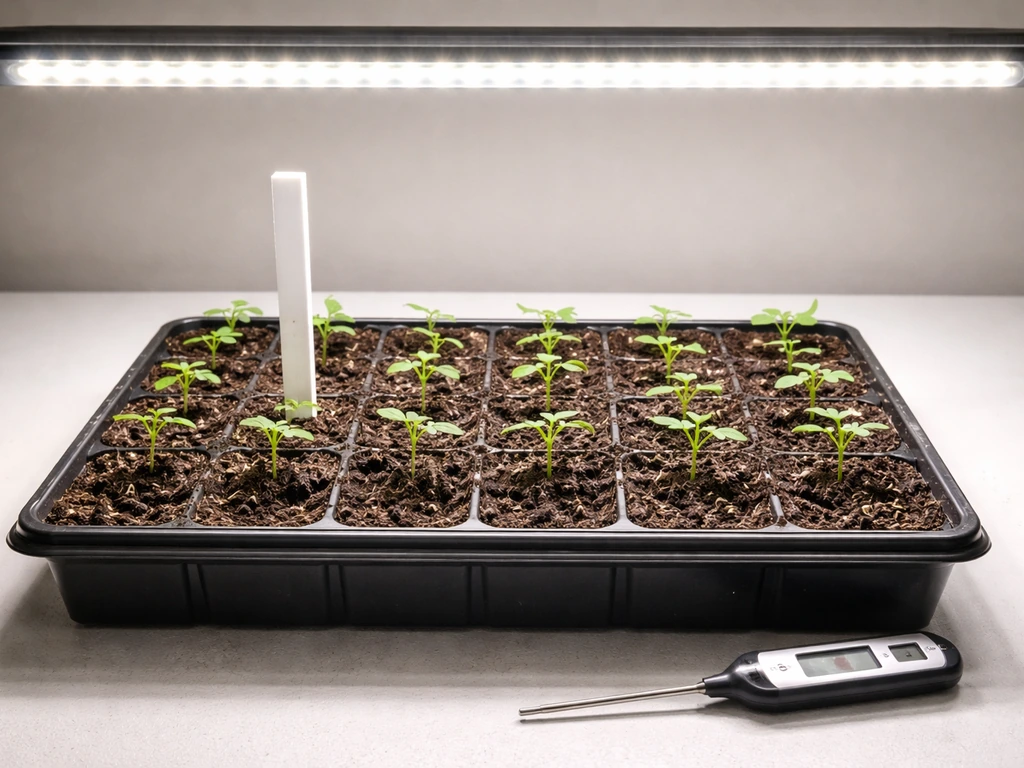 Top-down view of small seedlings under an LED strip bar with a thermometer and light-height reference