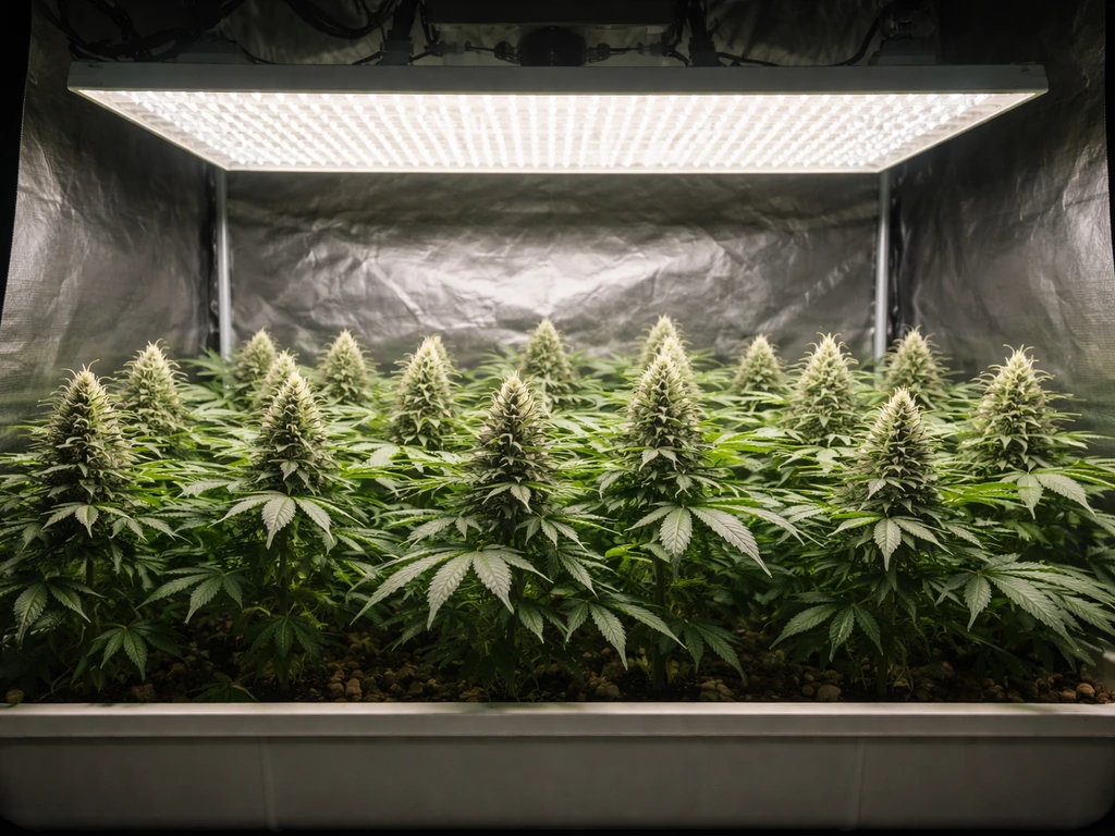 Even flowering canopy under a large budget LED grow panel with uniform light coverage across the tray.
