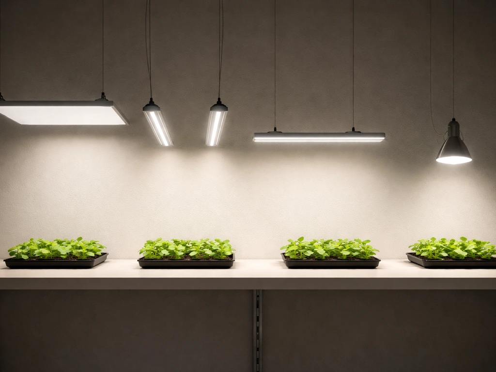 Overhead view showing four grow-light formats—panel, bar, strip, and bulb—casting different light coverage shapes.