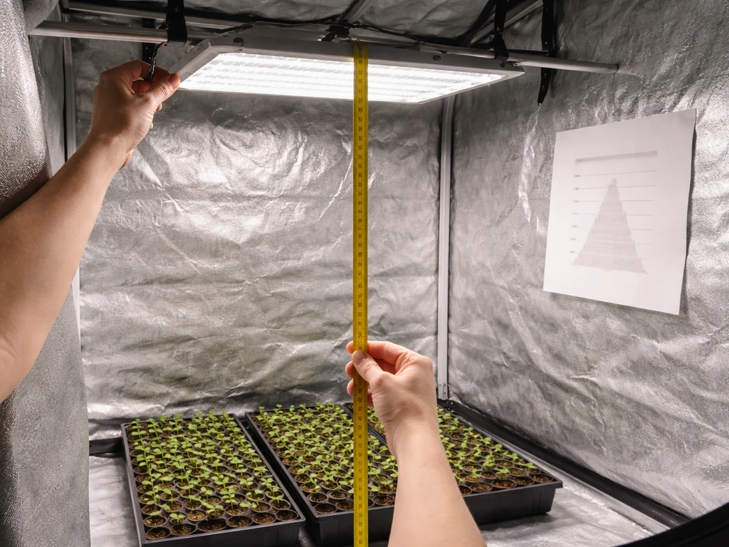 Hands measuring mounting height under a grow light above seedling trays in a clean grow tent.