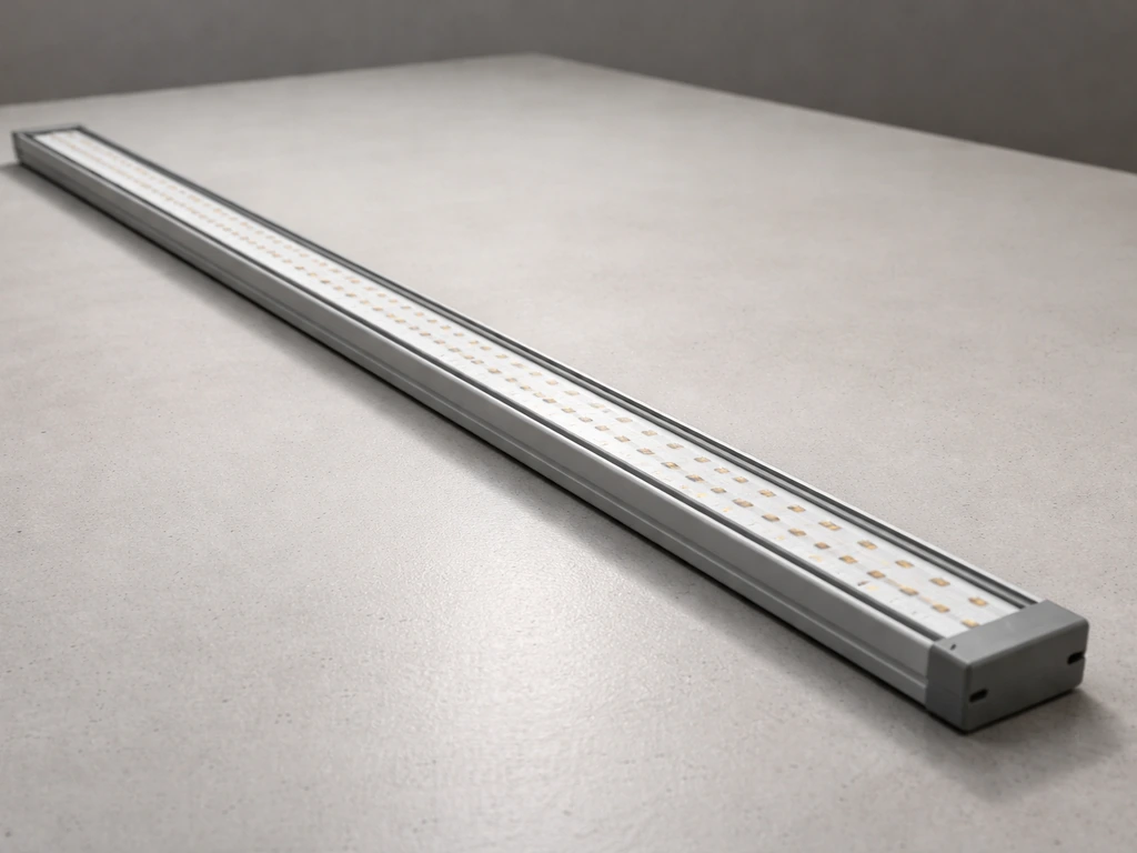 Close-up of a linear LED grow light bar fixture laid on a simple surface, showing its long slim build.
