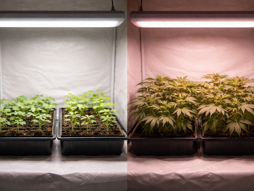 Seedlings under white-bright light vs mature plants with a warmer red-tinged canopy under a hanging LED grow light.