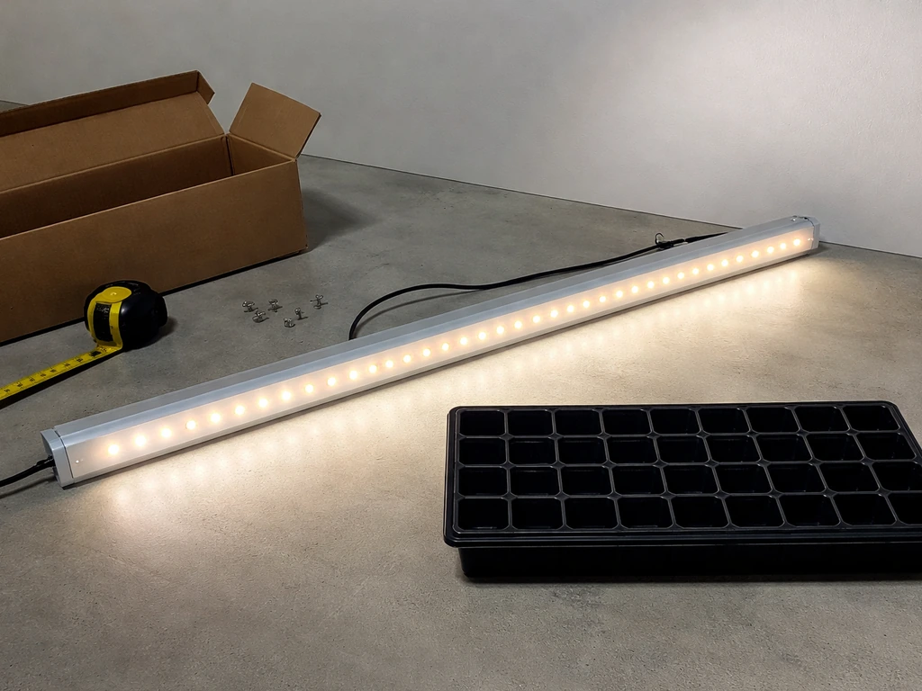 LED grow light bar on floor with box and mounting hardware, subtle uneven brightness on tray.