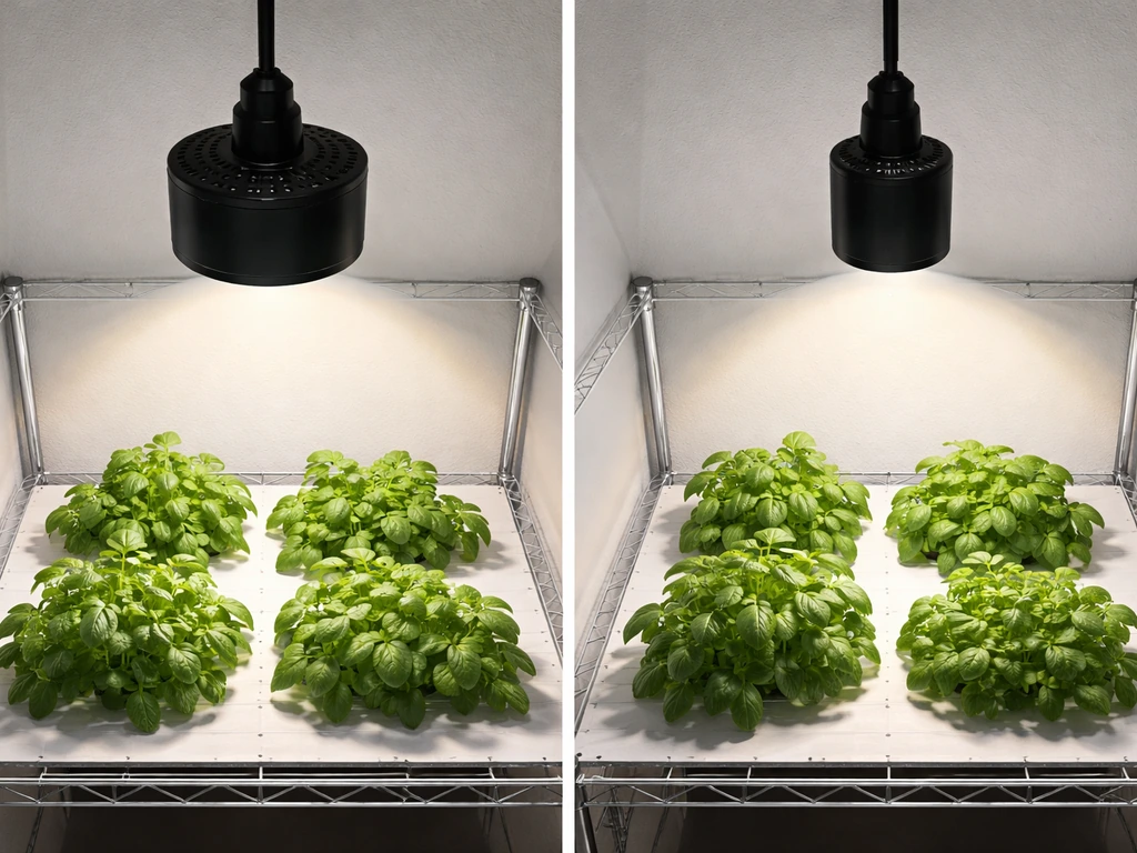 Top-down split view of two Kessil-style grow lights over a small indoor plant shelf canopy.