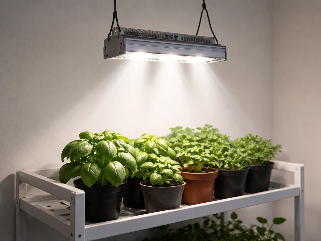 Compact grow light fixture hanging over a small herb shelf with basil seedlings under a focused beam.