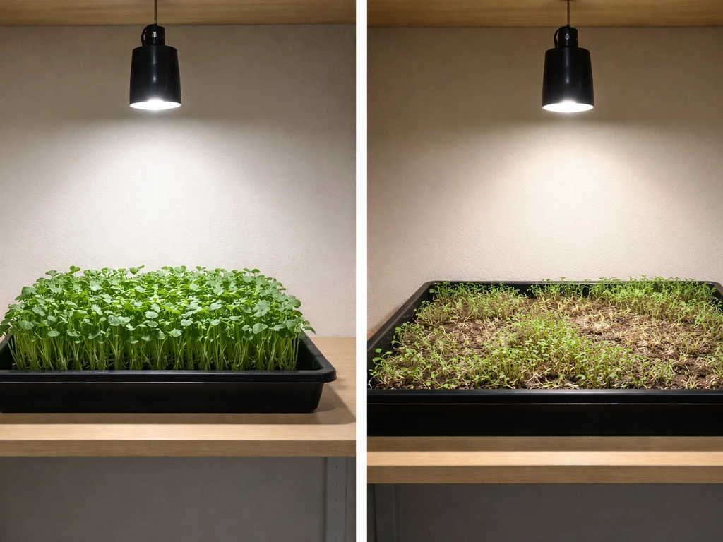 Left: compact microgreens grow with focused light; Right: small LED over large canopy with uneven coverage.