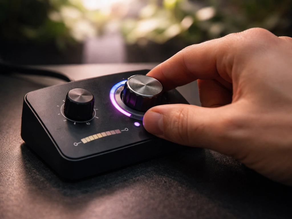 Close-up of a grow light’s dial controls with spectrum mode markings being adjusted by hand.