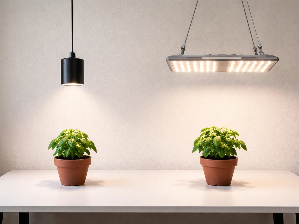 Two grow-light setups side-by-side over small plants, one sleek pendant and one dense array for comparison.