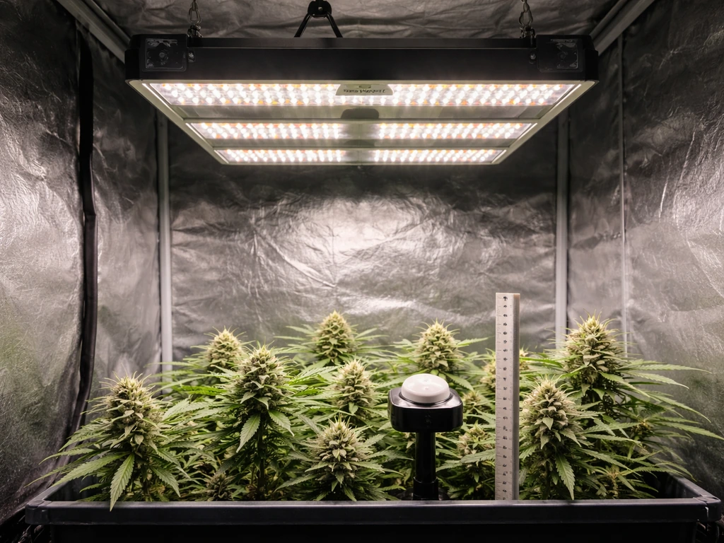 Marswell LED grow light over flowering plants with a light meter sensor measuring near the canopy.