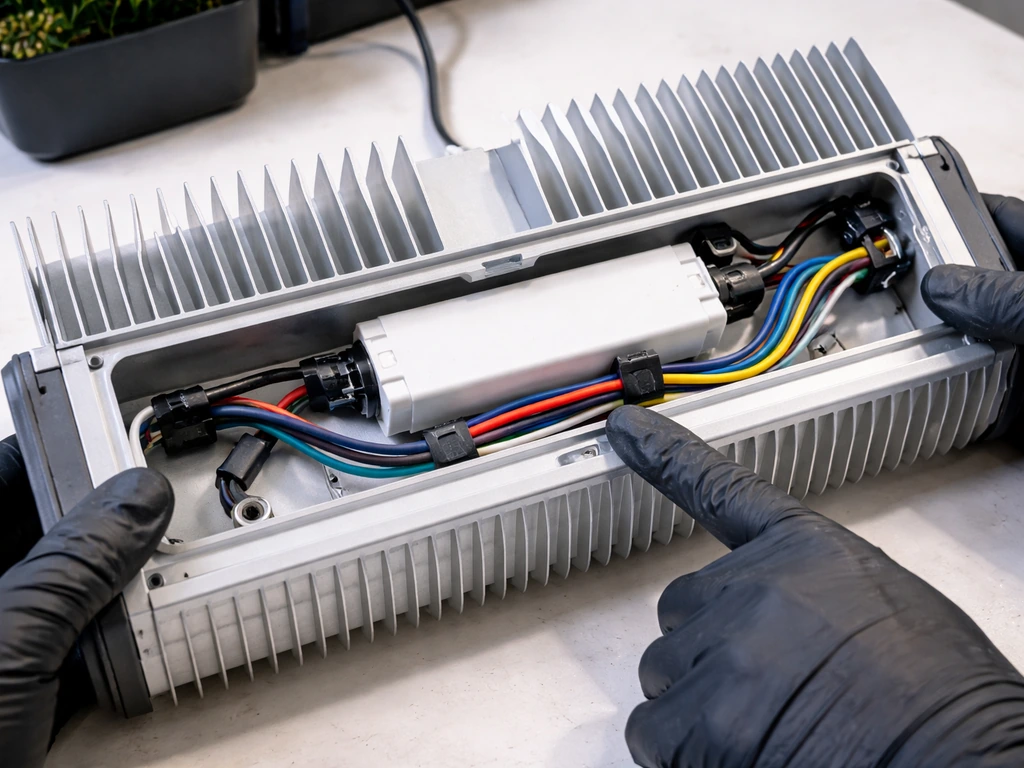 Close-up of an LED grow light’s heatsink fins and wiring area with hands inspecting safely