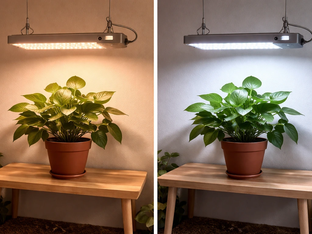 Two greenhouse lights over leafy plants showing different settings via a visible dial/controller