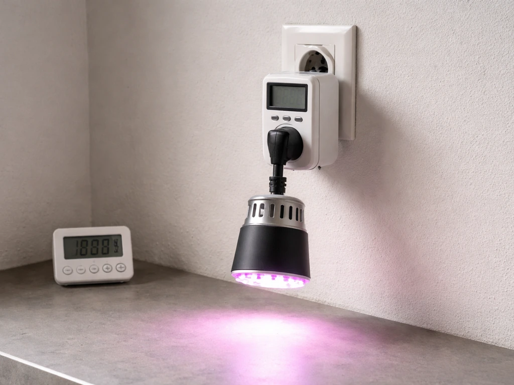 LED grow light connected to an inline power meter and a small timer showing real-time running context.