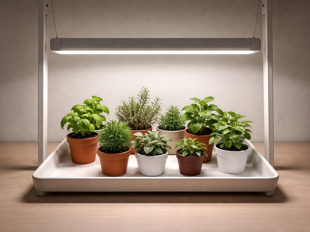 Minimal test setup: VÄXER light hanging over a plant tray showing even illumination and dimmer edges.