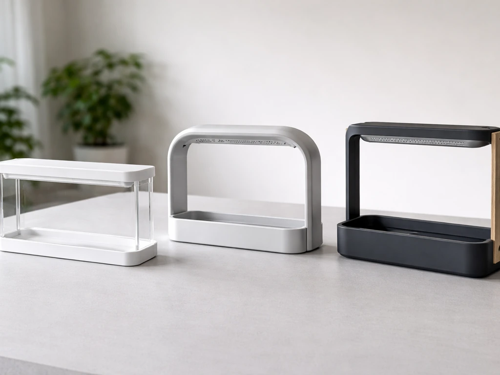 IKEA VÄXER grow light fixture placed beside two compact LED grow lights on a small tabletop