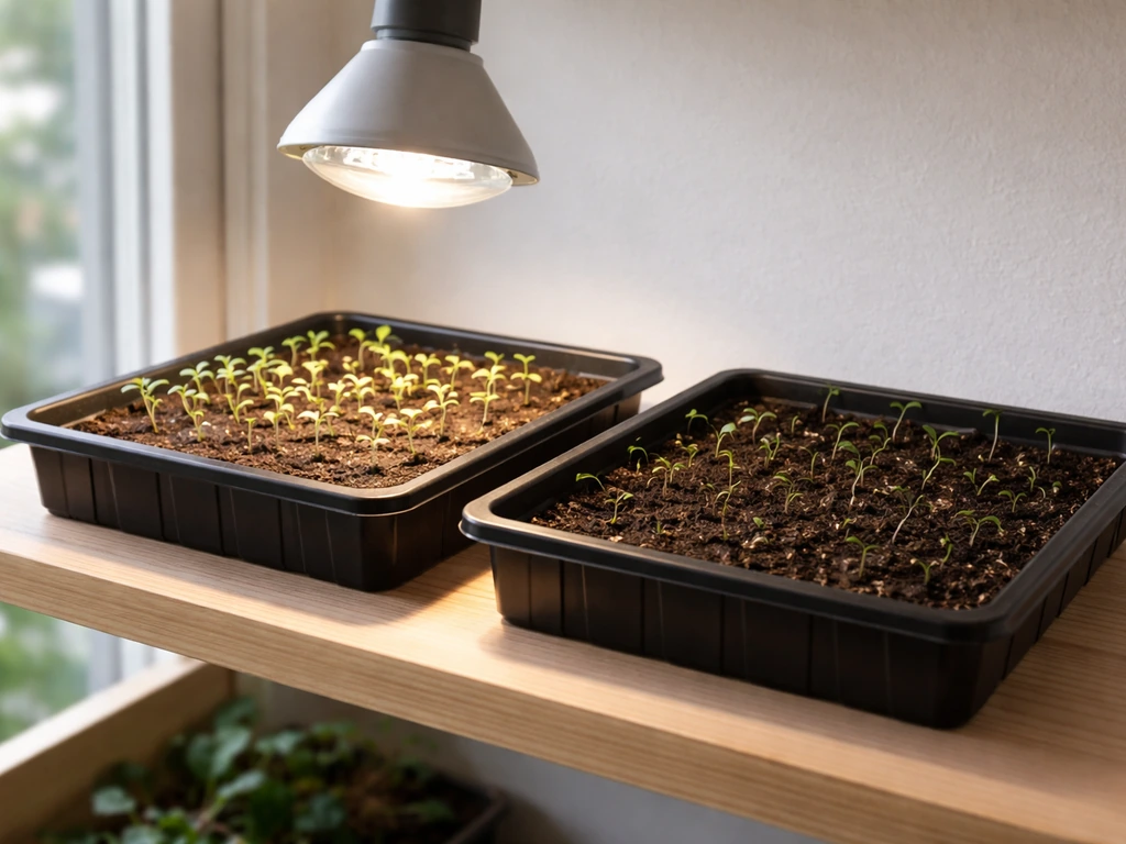 Seed tray with germinating seedlings under a mounted PAR30 grow bulb on a small countertop shelf.
