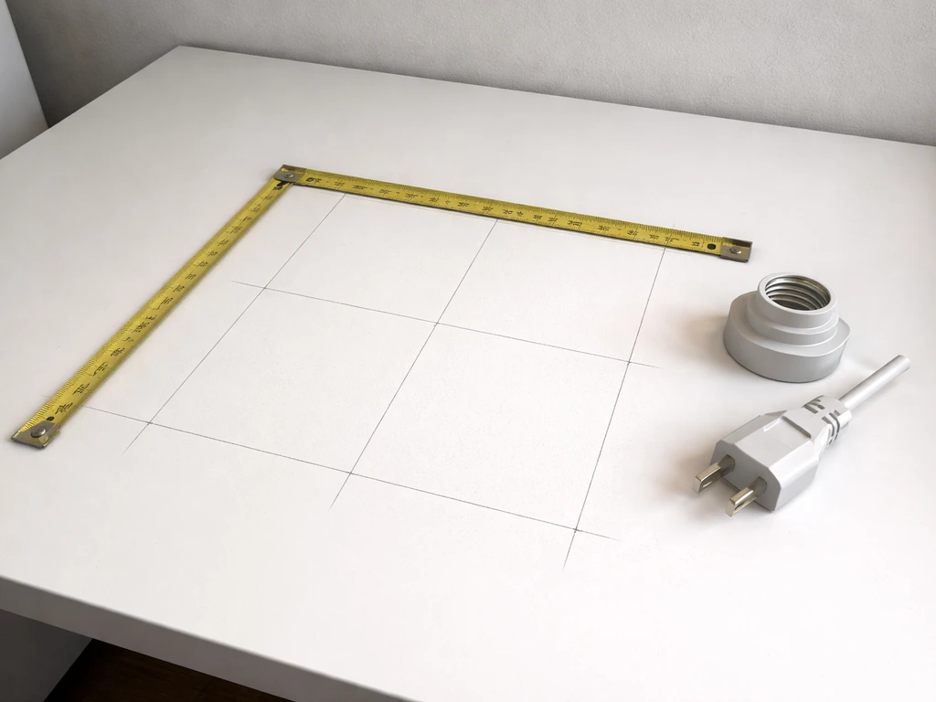 Measuring tape stretched over a small grow-space area with socket/plug ends shown for compatibility.