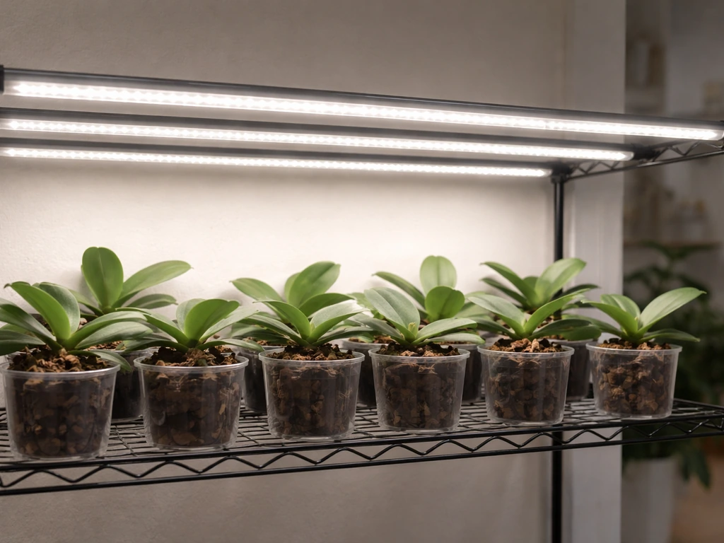 Orchid pots on a home shelf under evenly spaced full-spectrum LED light bars