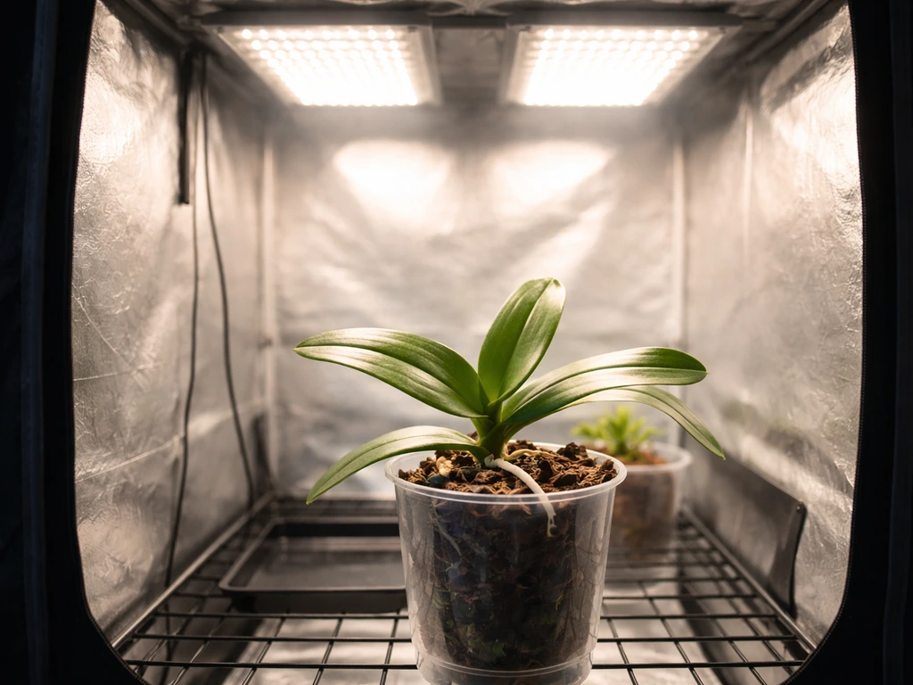 Orchid inside a reflective grow tent with dimmable quantum board LEDs glowing and light reflecting on leaves.
