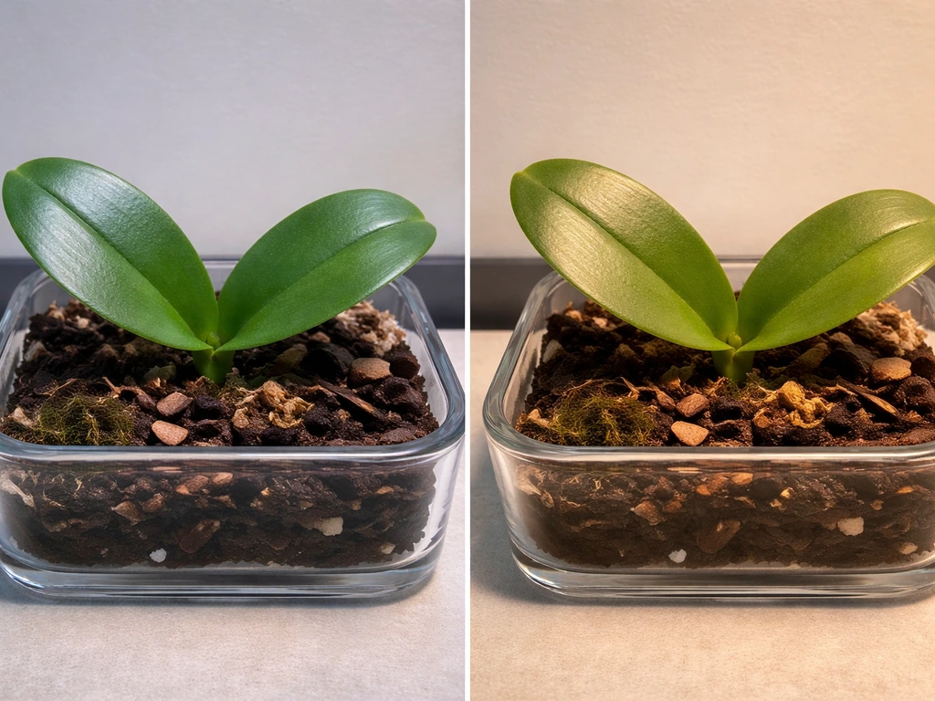 Two simple orchid leaf close-ups under cooler vs warmer LED light, showing differences in leaf tone