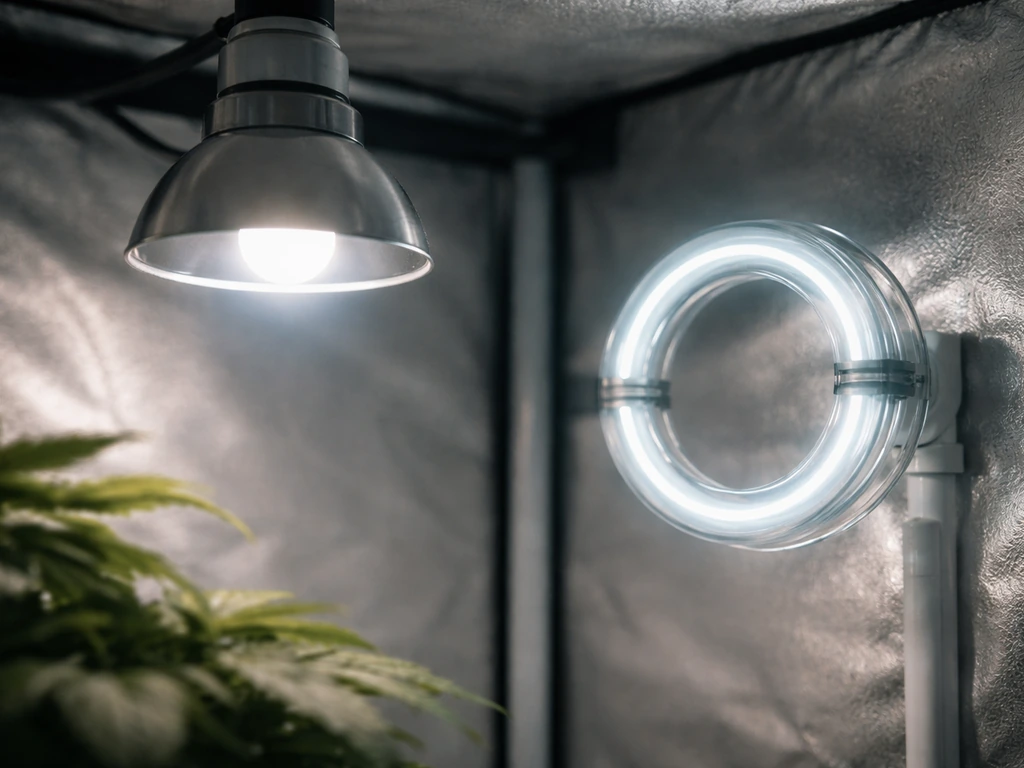 Close-up of an induction grow light with a glowing lamp head and nearby coil in a simple grow setup.