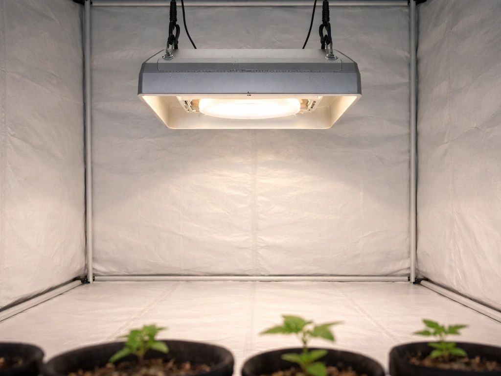 iGrow 400W induction light hanging in a 4x4 grow tent with even coverage.
