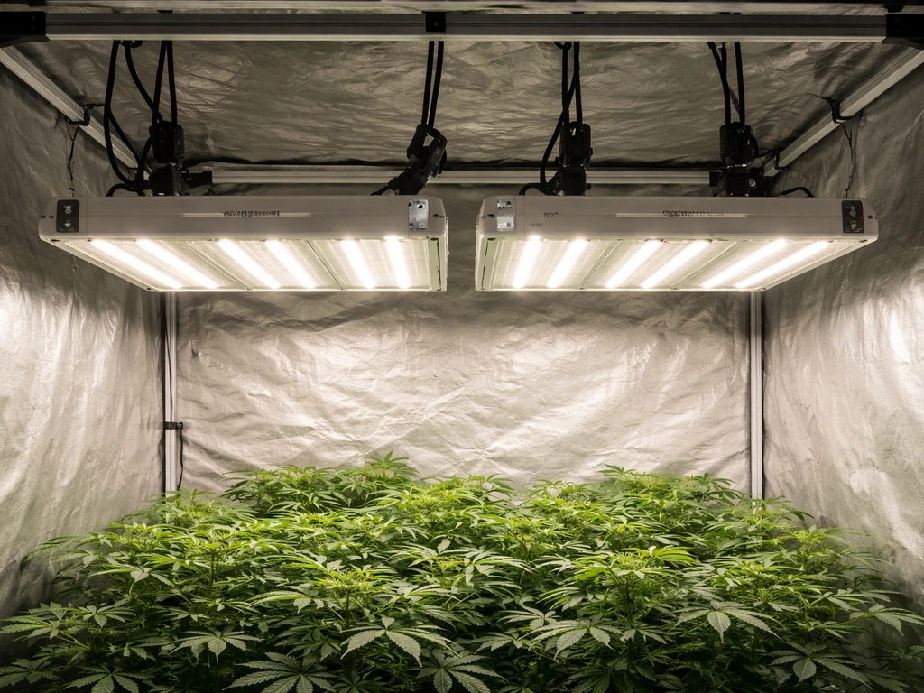 Two induction grow lights mounted in a 4x4 tent over a canopy, emphasizing an in-pair setup.