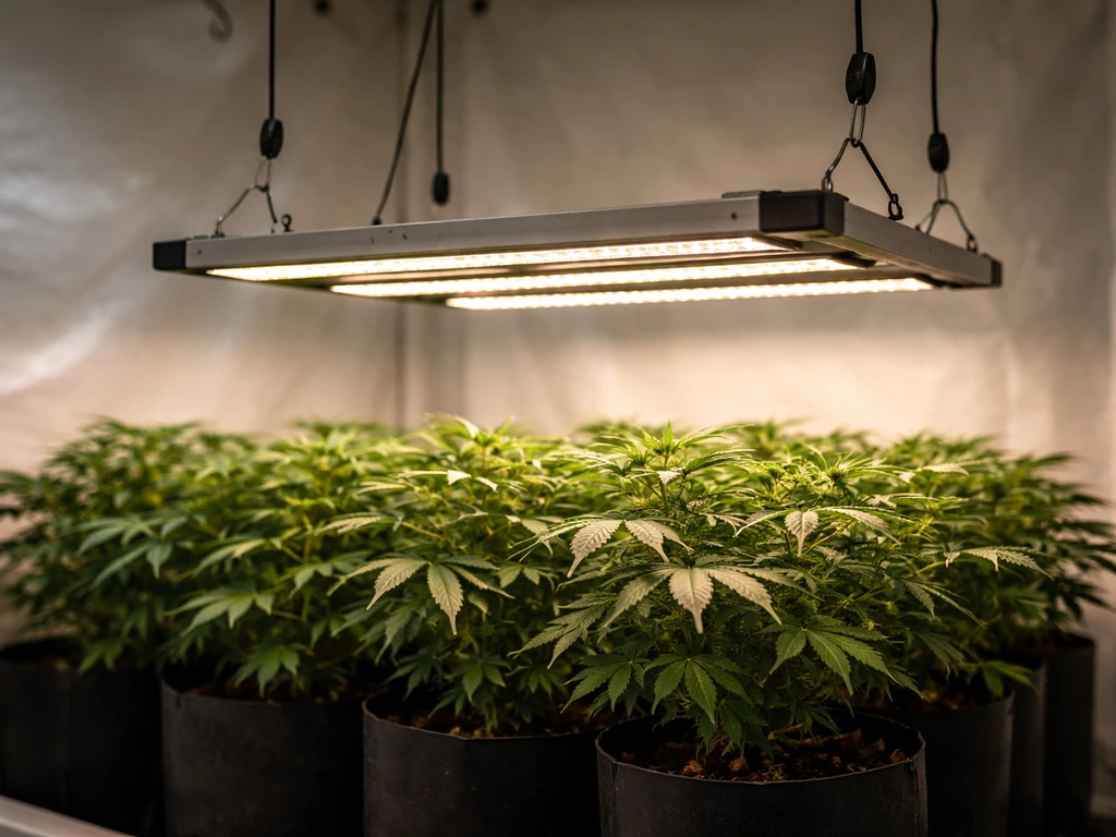 LED grow light hanging 6–8 inches above healthy plants, illustrating flowering height setup.