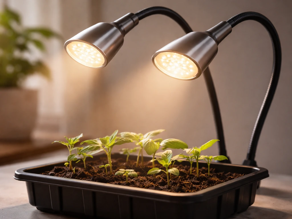 Casalux dual-head grow light over seedlings, both adjustable heads glowing in a small propagation setup.