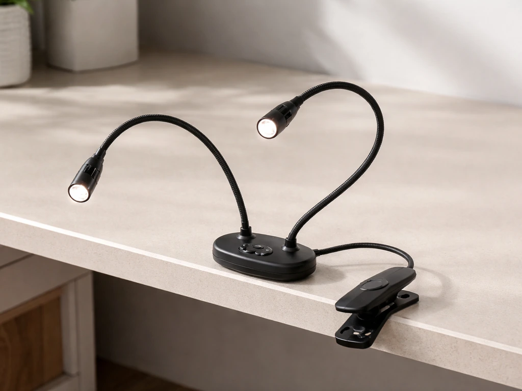 LED gooseneck light fixture out of box, one head clipped to a base with arms posed for setup