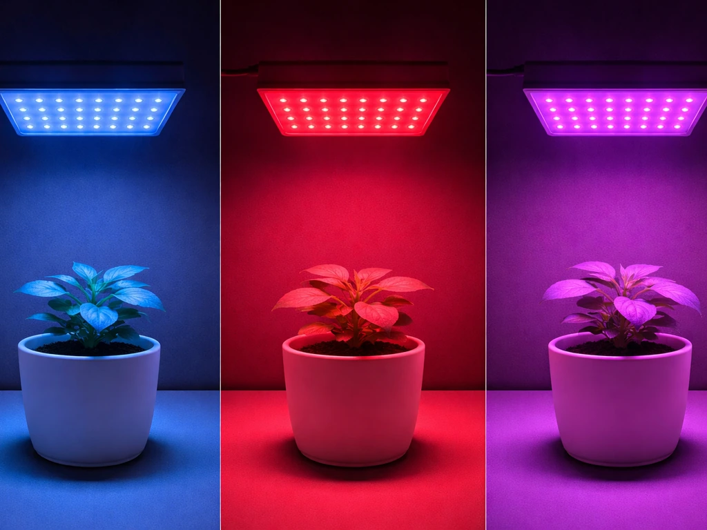 Three side-by-side LED grow light scenes showing blue-only, red-only, and combined red+blue plant illumination.