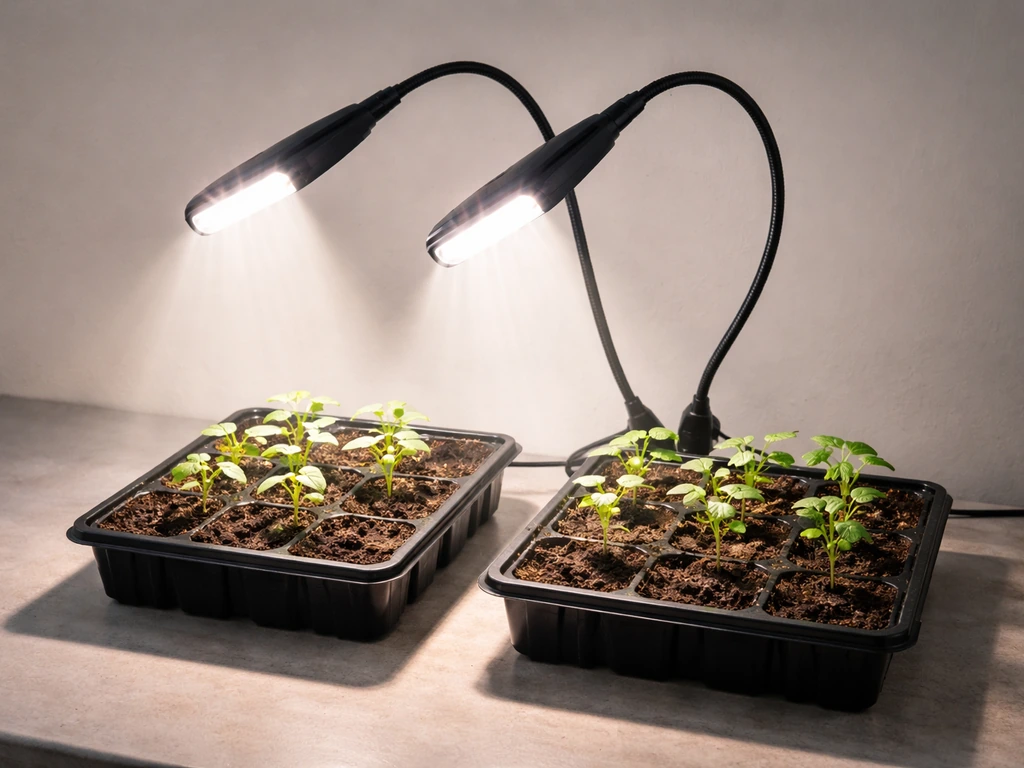 Dual-head LED grow light directing light onto two small seedling trays with distinct coverage.