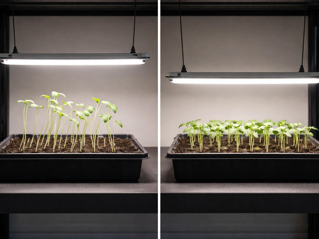 Seedling tray showing stretching from lights too high, with a second tray corrected by lowering the light