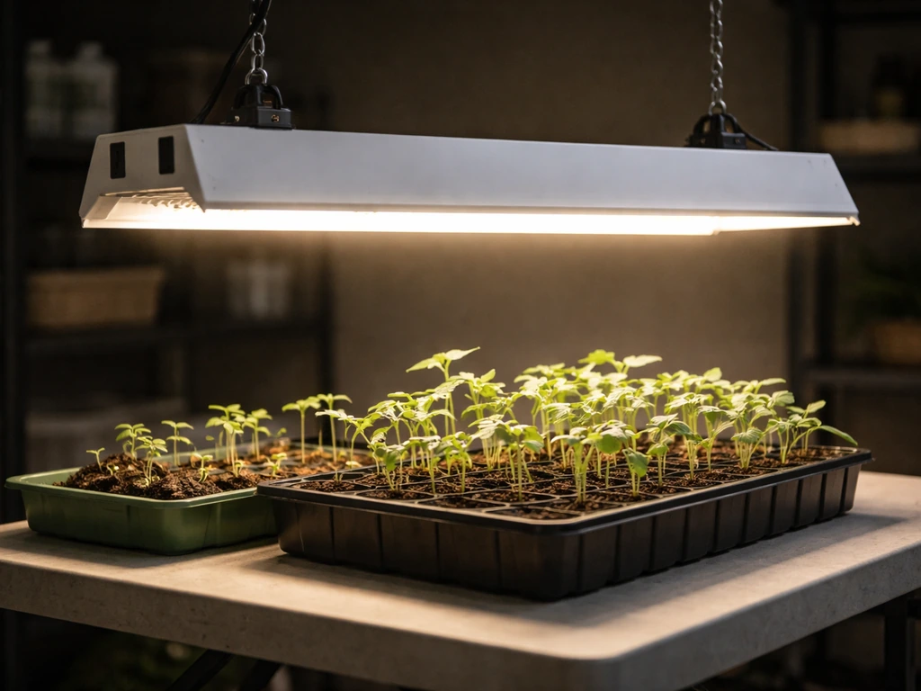 Master Garden grow light over seedling trays in a simple indoor setup with green seedlings visible