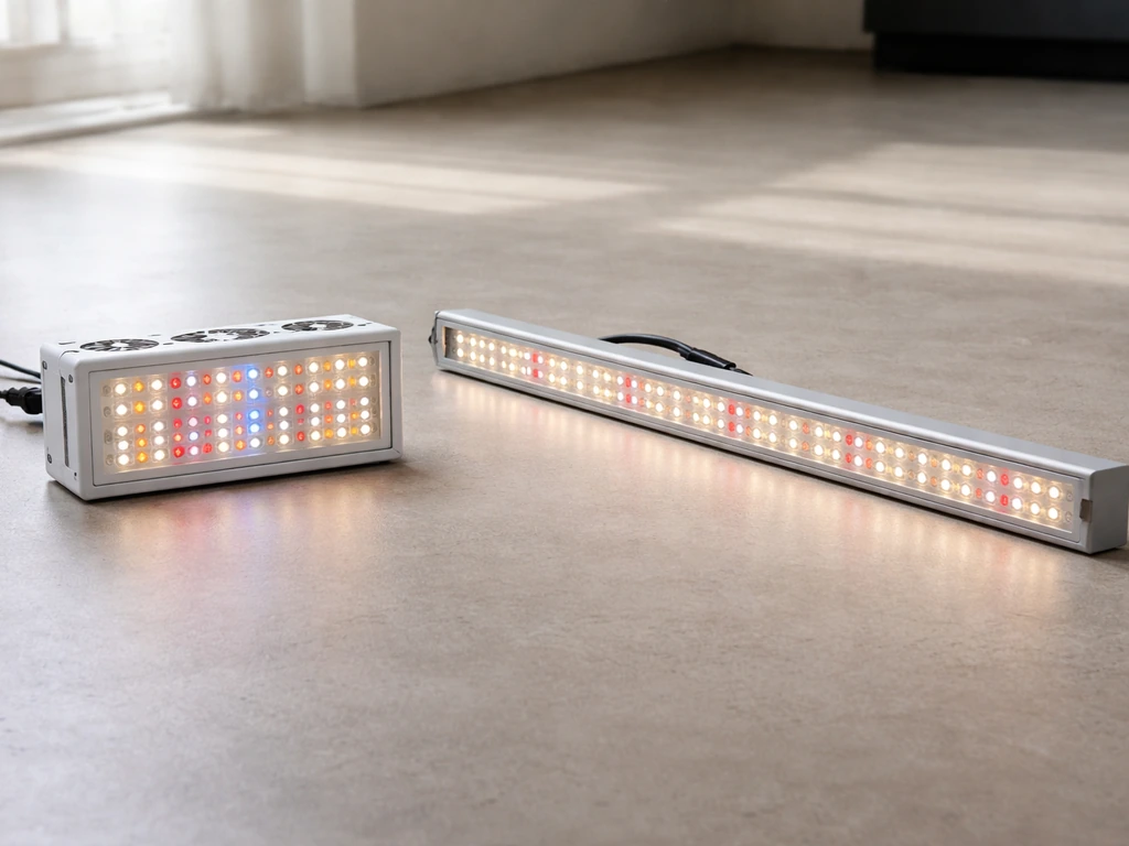Two Master Garden LED grow light fixtures side-by-side: 13-inch panel and 42-inch bar style.