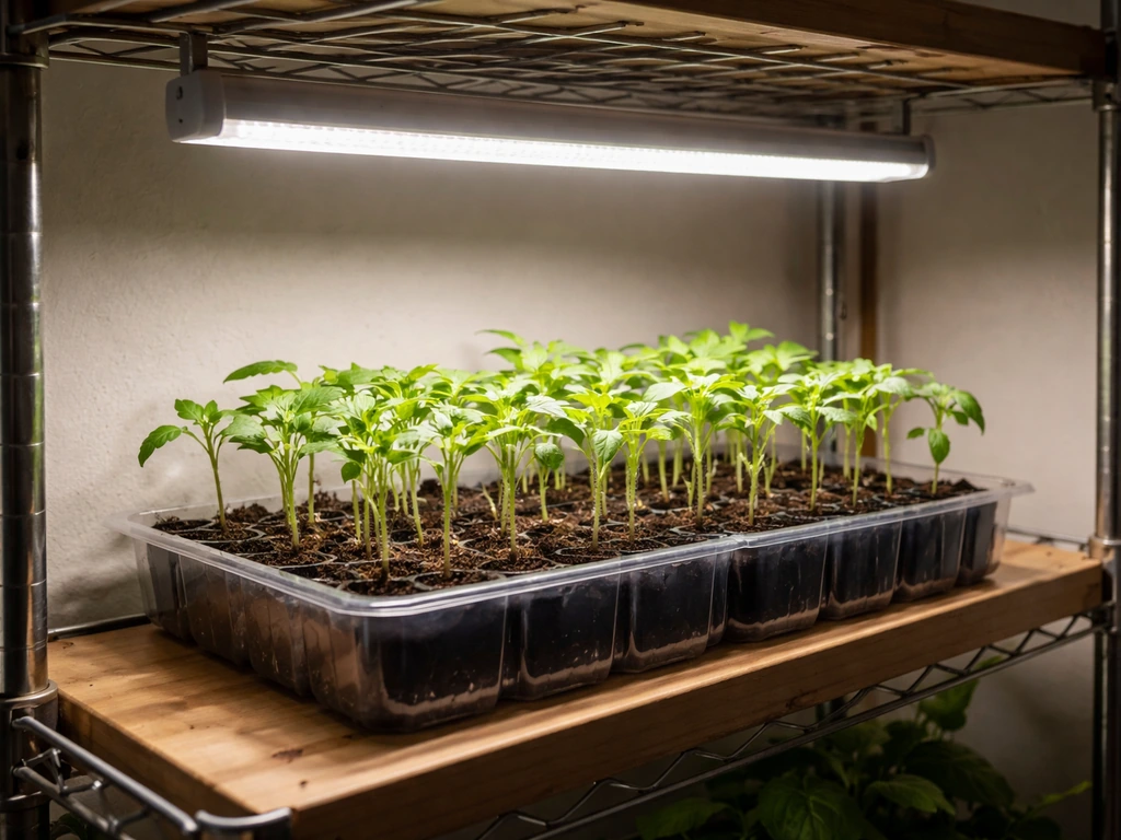 Seedlings on a simple shelf tray under a compact LED grow light