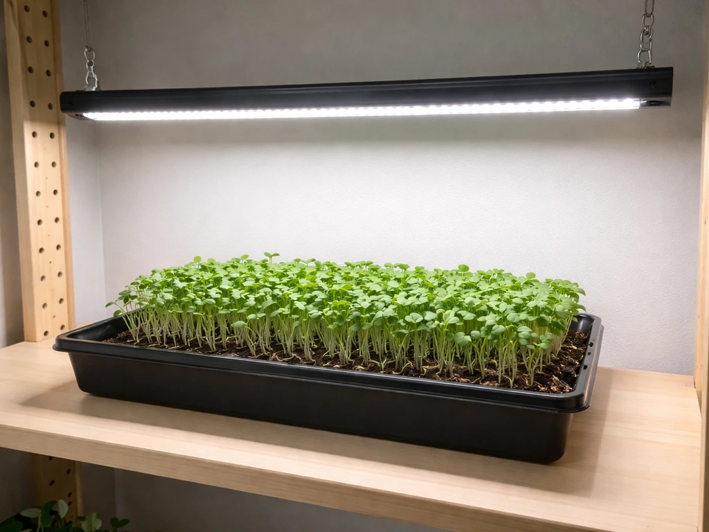 LED grow light bar mounted above microgreens with a visible 4–6 inch plant-height gap.