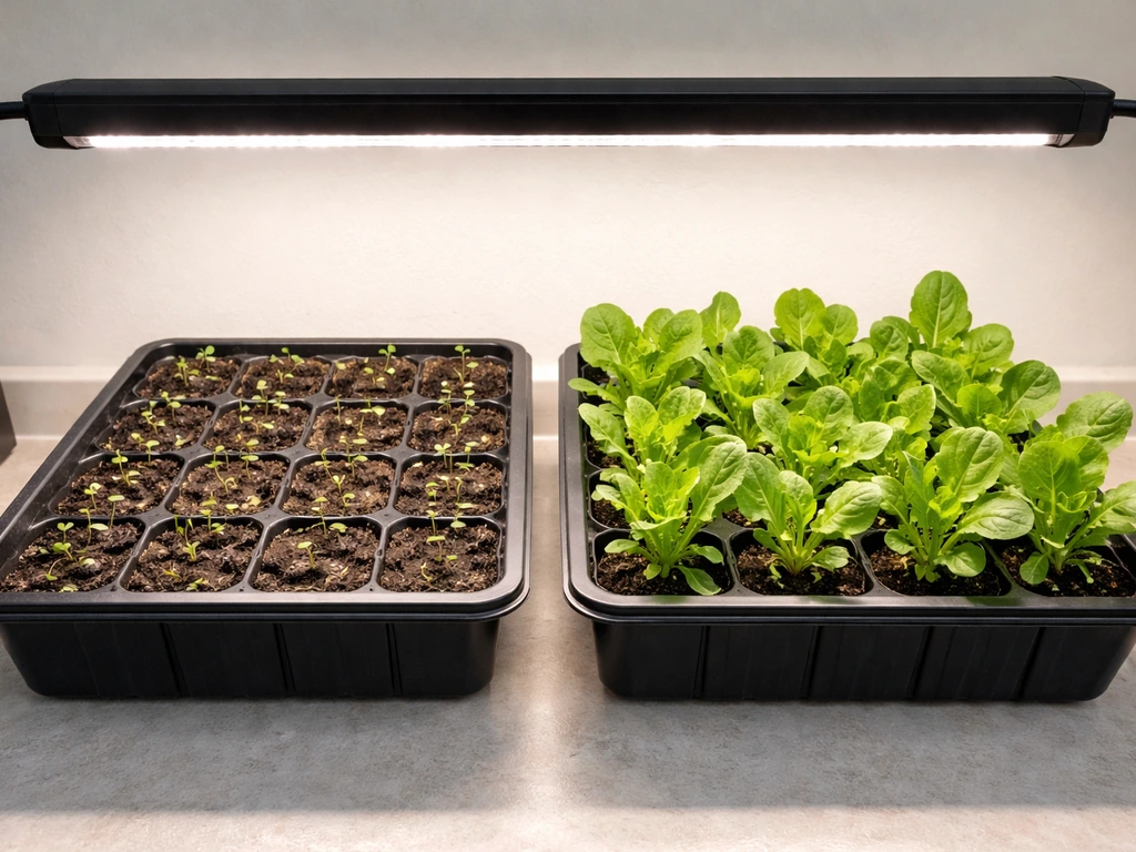 Two small trays under a single grow light: germinating seedlings beside darker leafy greens in soil.