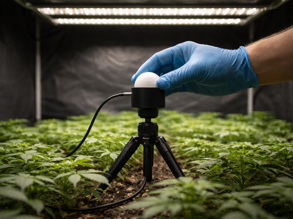 Quantum PPFD sensor on a tripod measuring light across a grow canopy under an SF1000-style LED