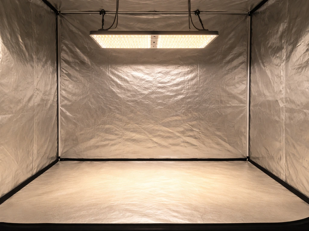 SF4000 grow light centered above a 4x4 grow tent with clear light coverage