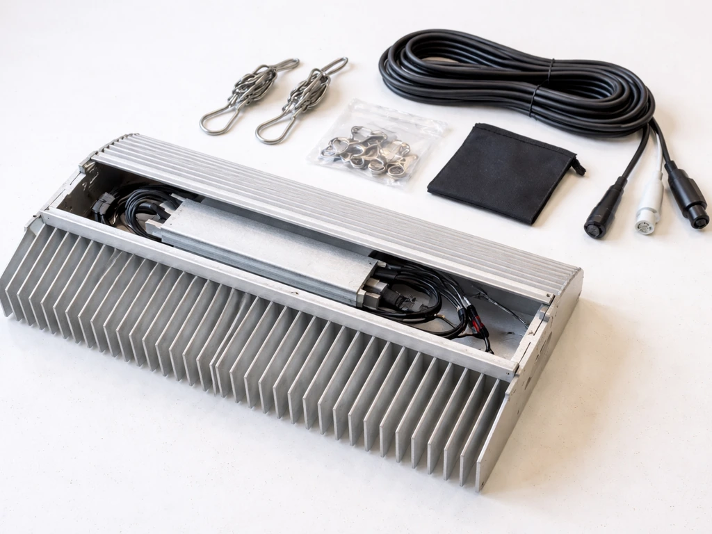 Unboxed aluminum heatsink and included cables/accessories laid out neatly on a workbench.