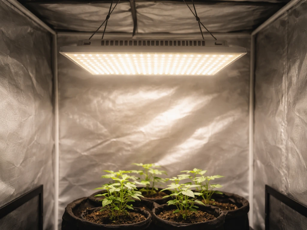 Yehsence-style LED grow light panel glowing above a grow tent with plants below.