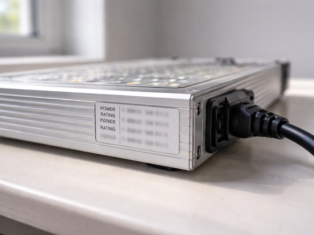 Close-up of a grow light label area with wattage claim and power-rating details, shallow depth of field.