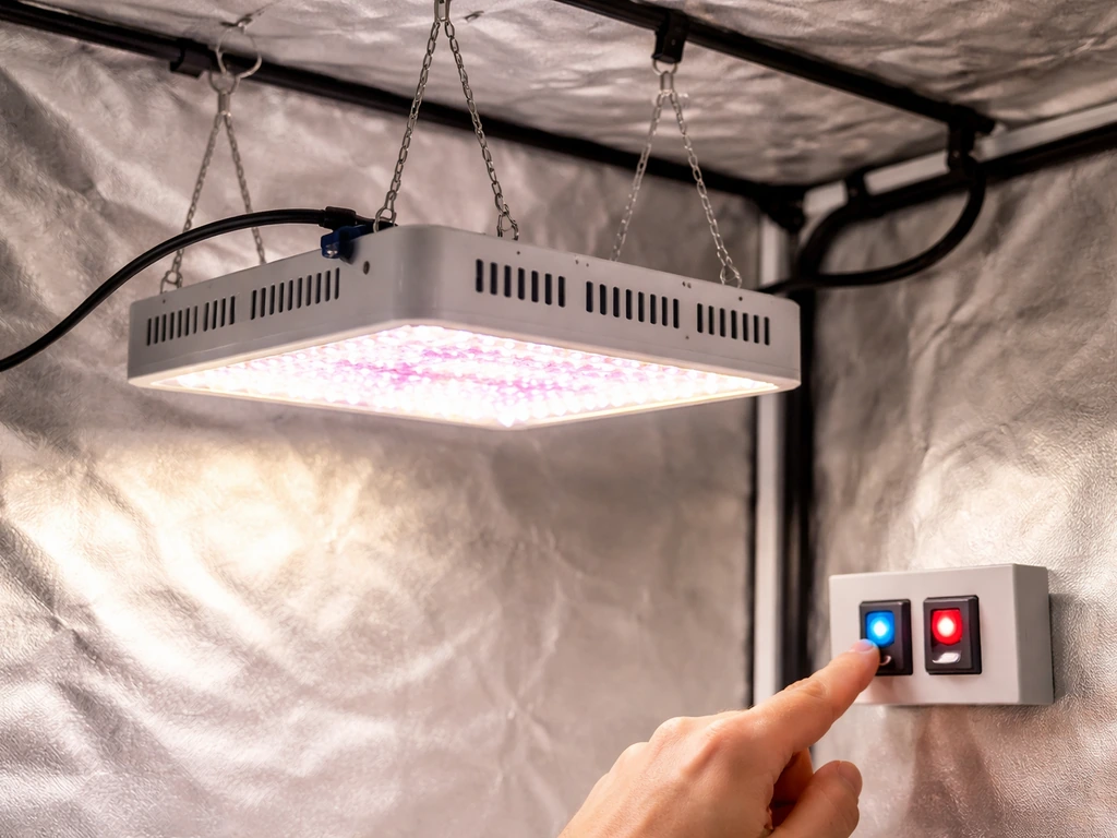 Tent-mounted 1500W grow light hanging from ceiling with two-stage switch panel visible in use.