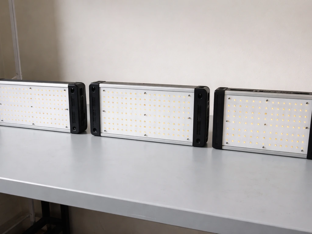 Three similar budget LED panel lights on a workbench, one centered and two beside it.