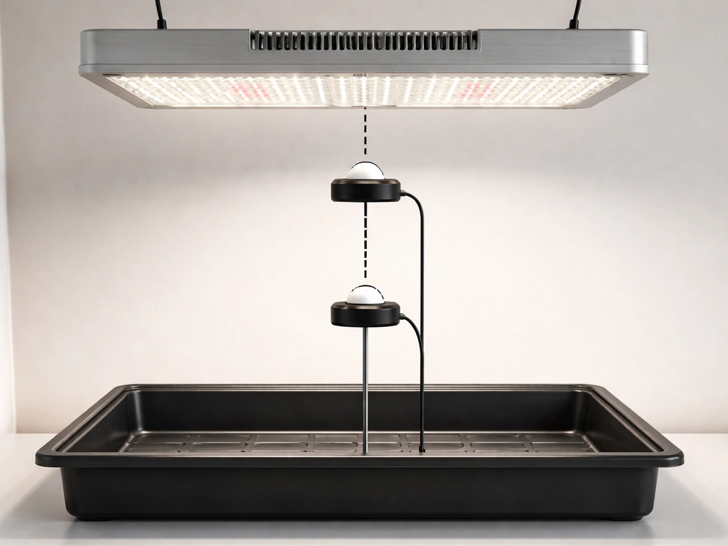 Minimal indoor setup showing a quantum PAR/PPFD sensor measuring under a platinum LED at two heights.
