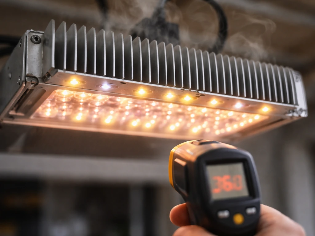 Closeup of LED array on a heatsink with fins, showing an IR thermometer reading during operation.