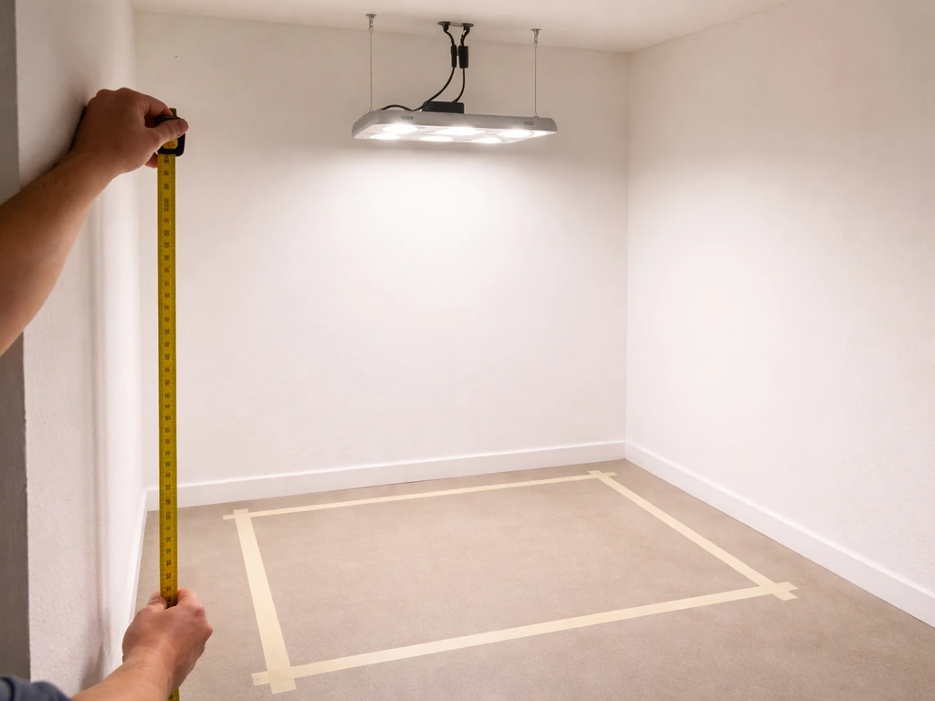 Hands measuring hanging height with a tape measure while a grow light hangs above a taped boundary area.